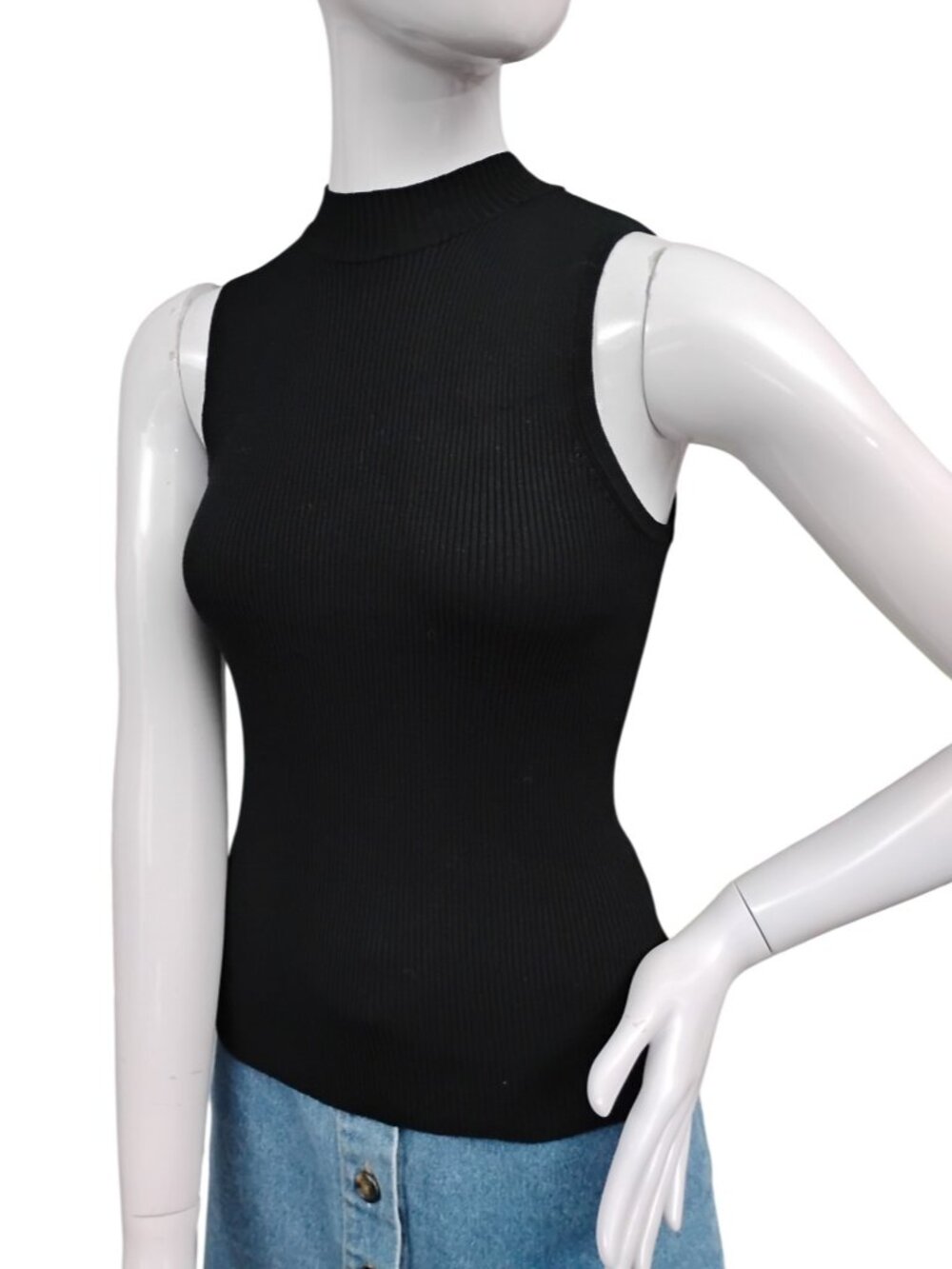 Ambiance Ribbed Low Mock Neck Top Size Large Black Sleeveless Fine Knit